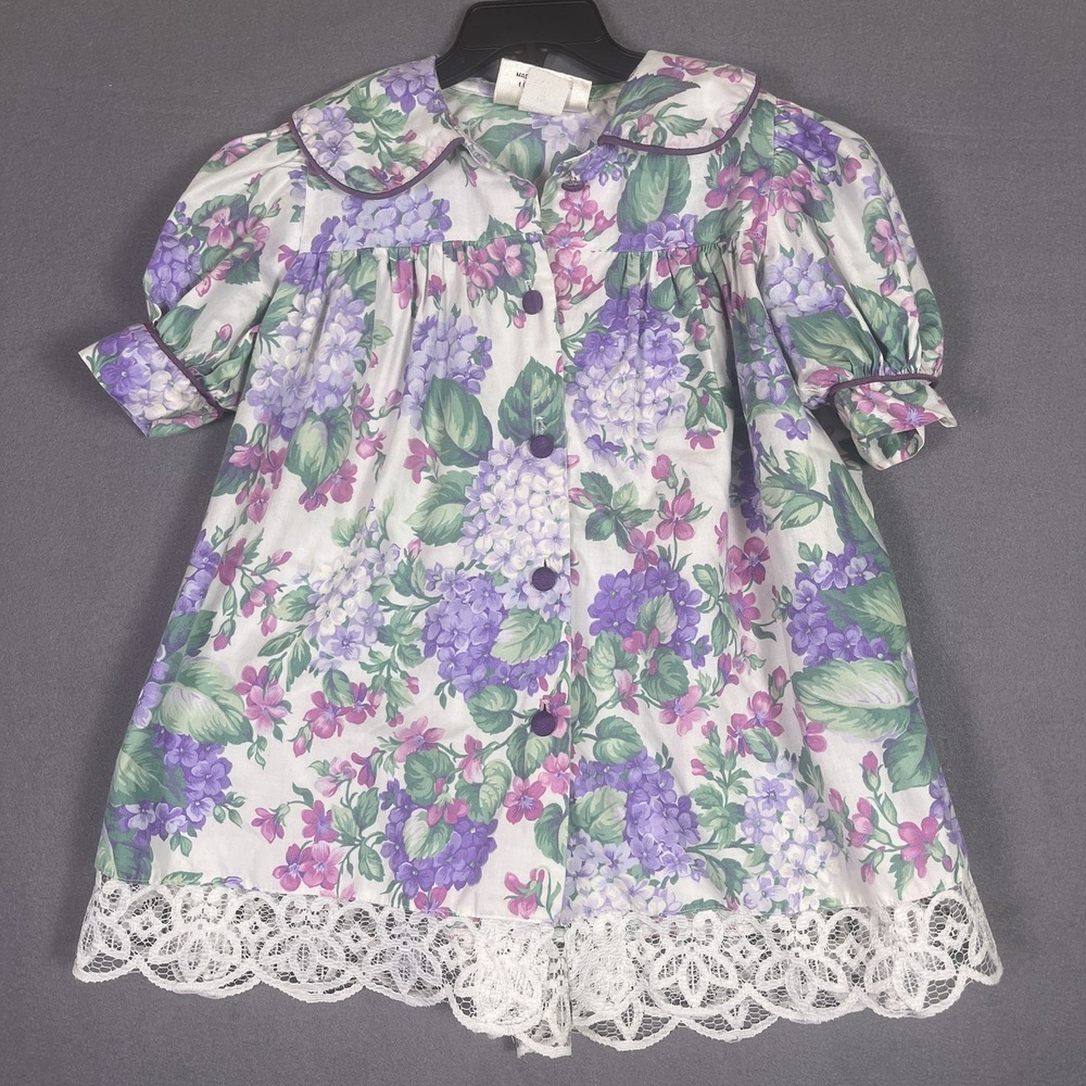 Storybook Heirlooms Floral Dress Girls 2T Purple Green Vintage Prairie Lace USA